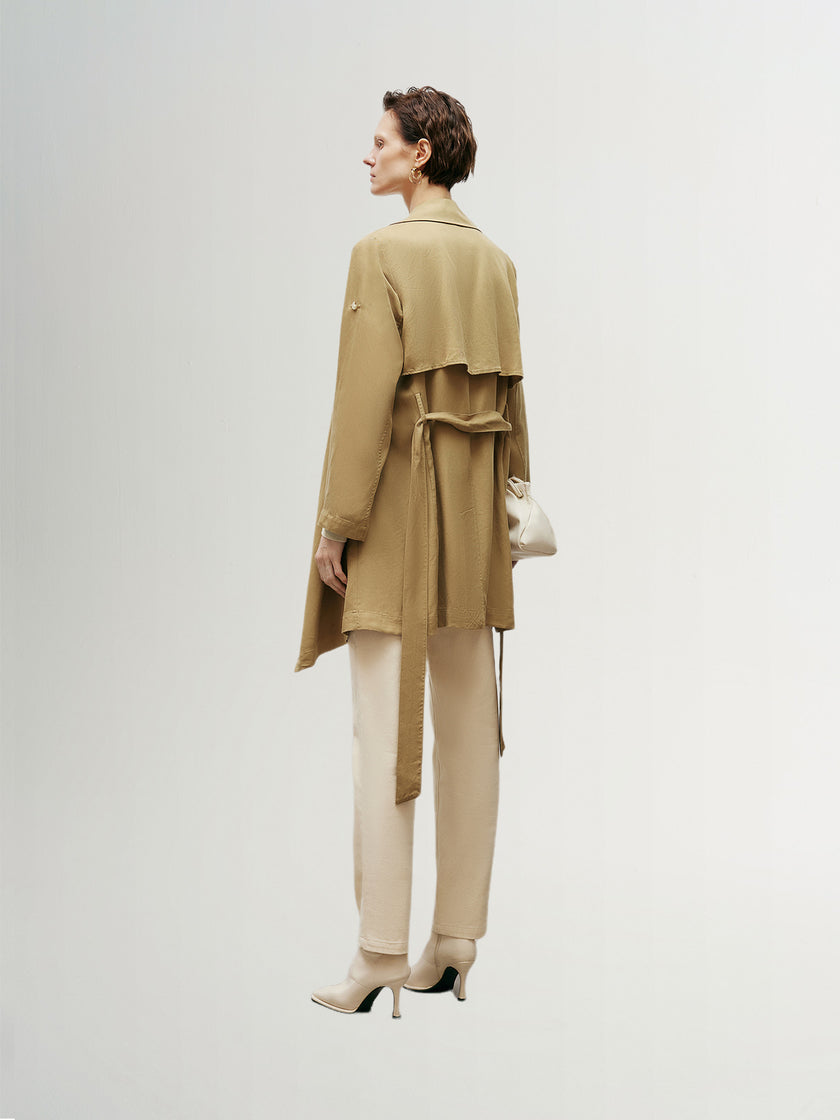 Women's Khaki Lapel Double Breasted Trench Coat with Belt