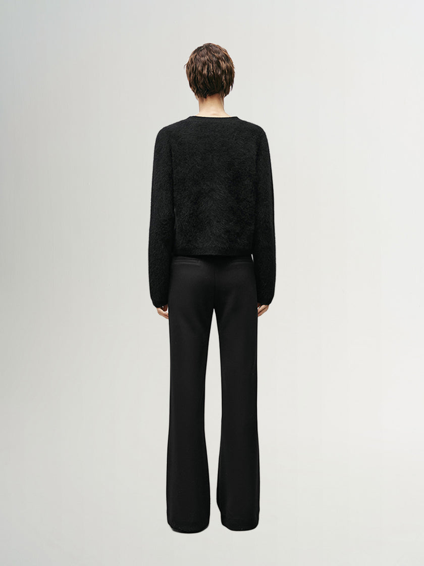 Black wool knit cardigan with round neck and buttons