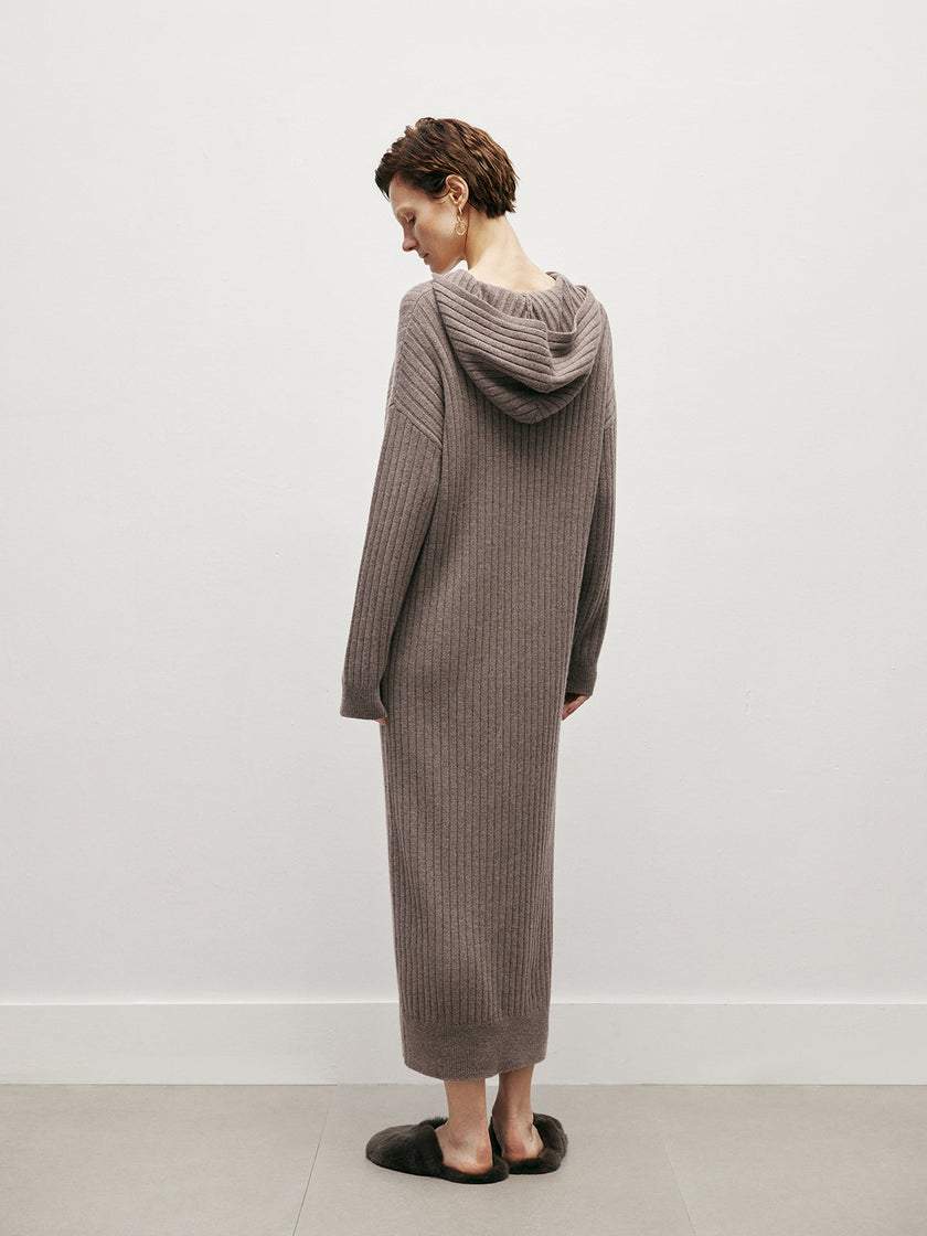 Women's Sandstone Brown Round Neck Loose Fit Wool Jersey Dress