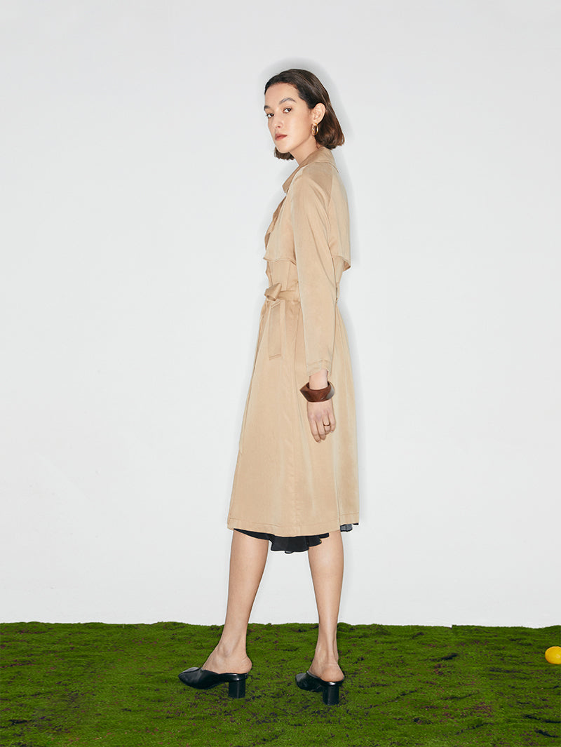 Women's Khaki Double Breasted Long Trench Coat with Belt