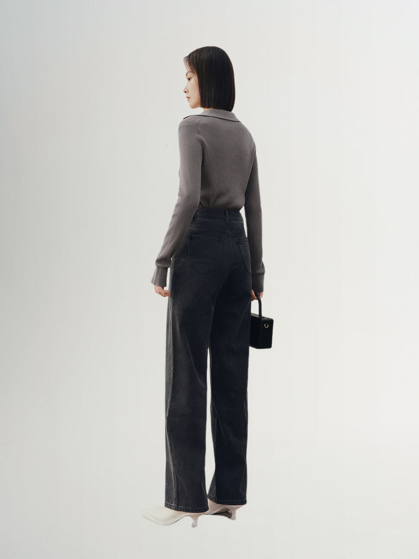 Women's Gray Polo Neck Long Sleeve Kintwear