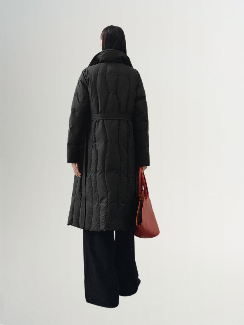 Black goose down jacket with hood and lapel collar
