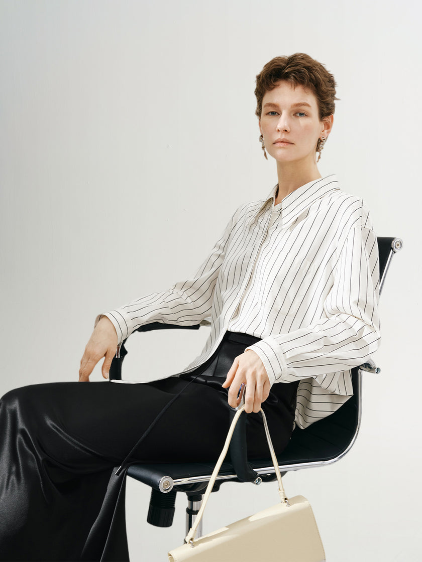 White striped shirt with pointed collar