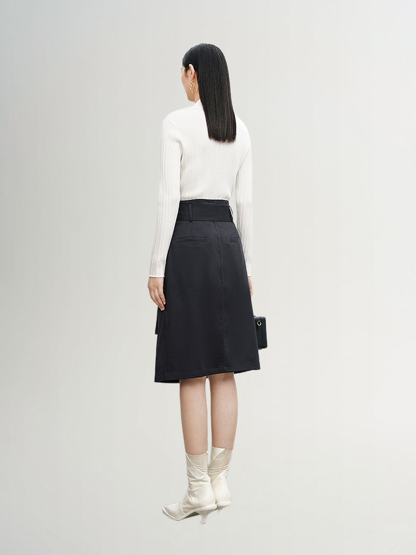 Women's Original White Polo Neck Long Sleeves Lyocell Triacetate Rib Pattern Knitwear
