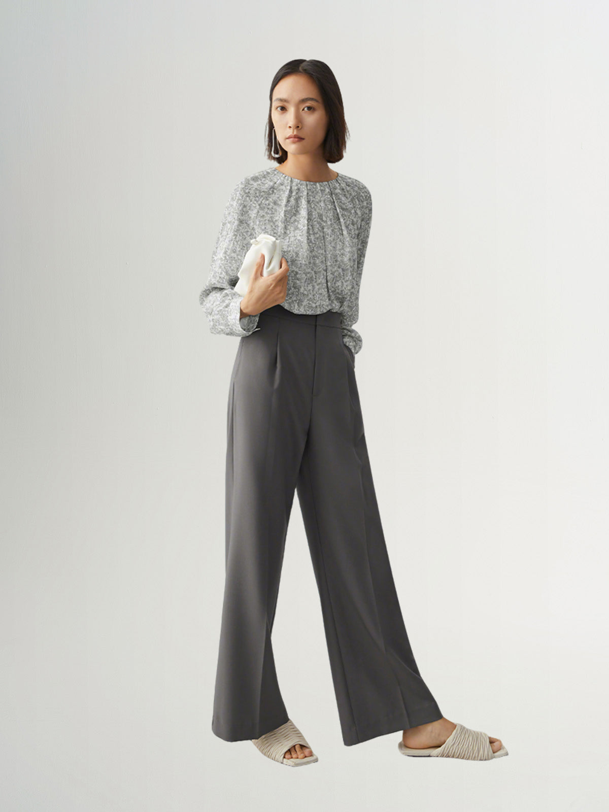 Women's Grey Round Neck Long Sleeves Blouse