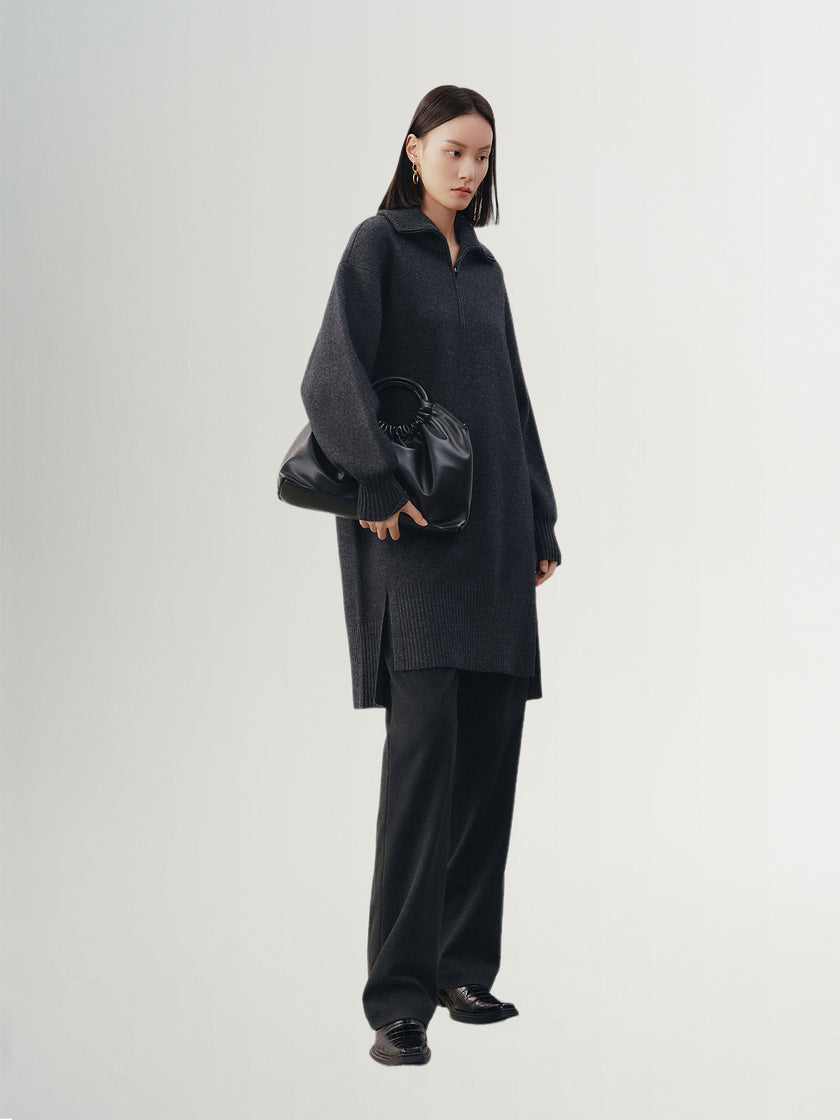 Women's Gray Stand Collar Straight Fit Winter Wool Dress