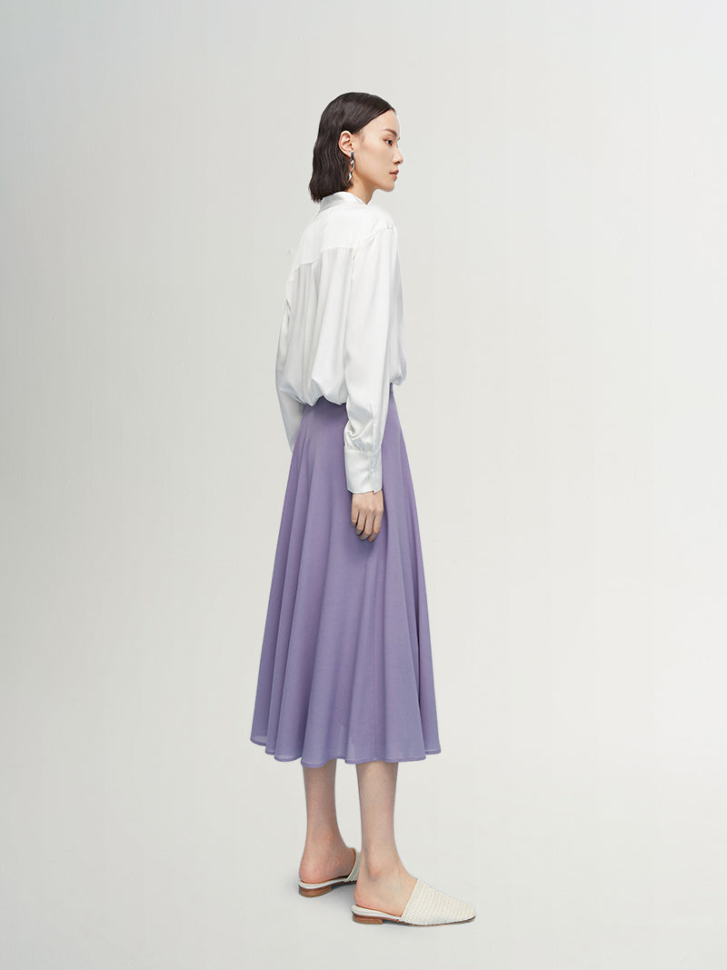 Women's White Silk Blouse with Round Neck and Long Sleeves
