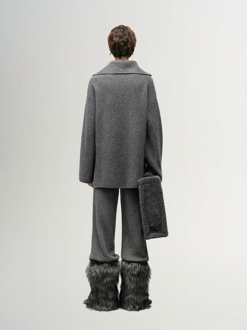 Women's Gray Zipper Lapel Design Sheep Wool Sweater