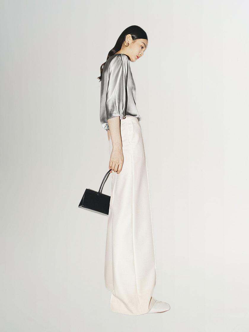 Women's Light Gray Classic Collar Long Sleeve Silk Blouse