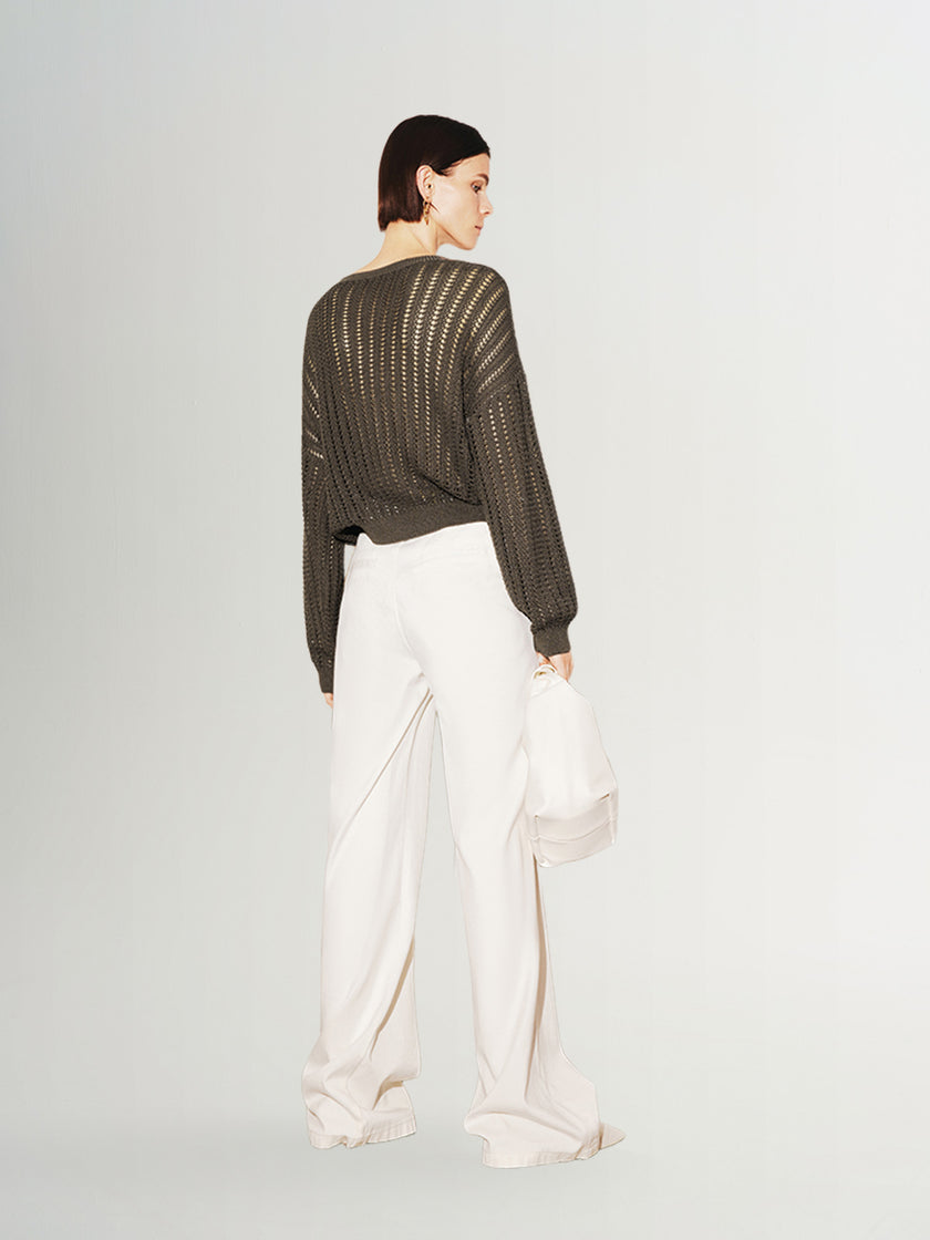 Women's brown ribbed knitted crew neck sweater,