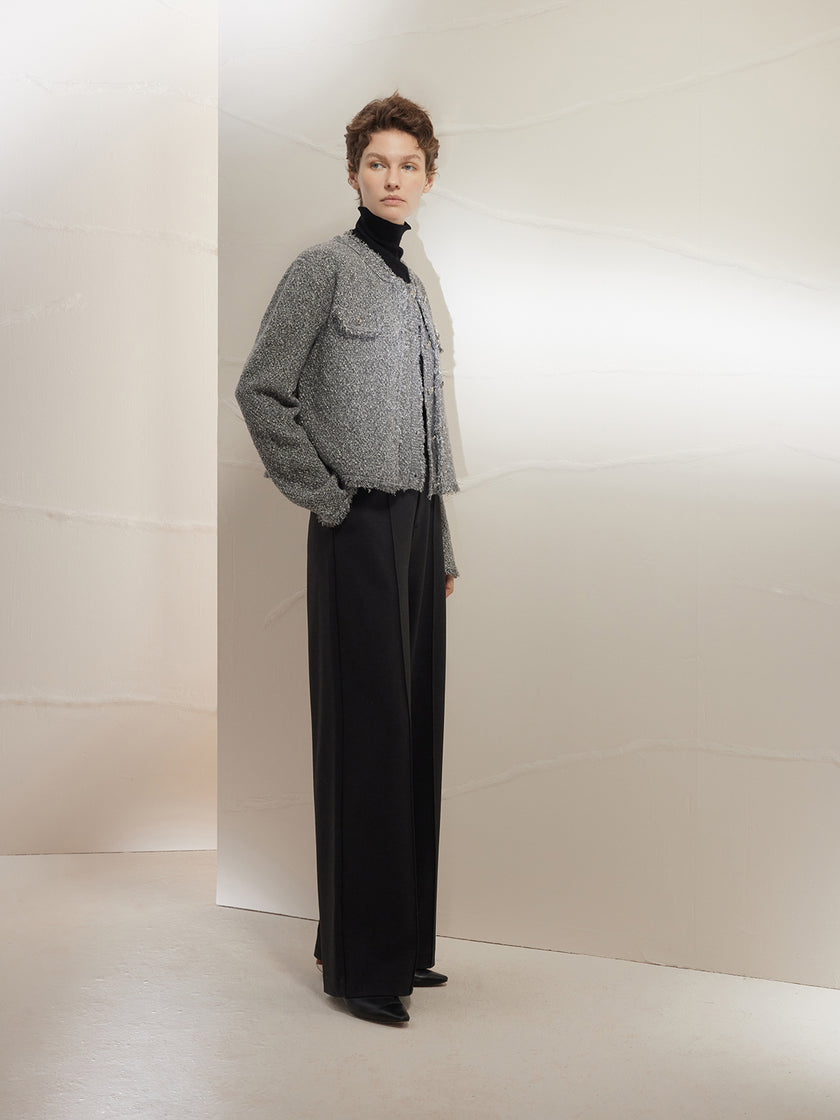 Gray Round Neck Long Sleeve Knit Cardigan