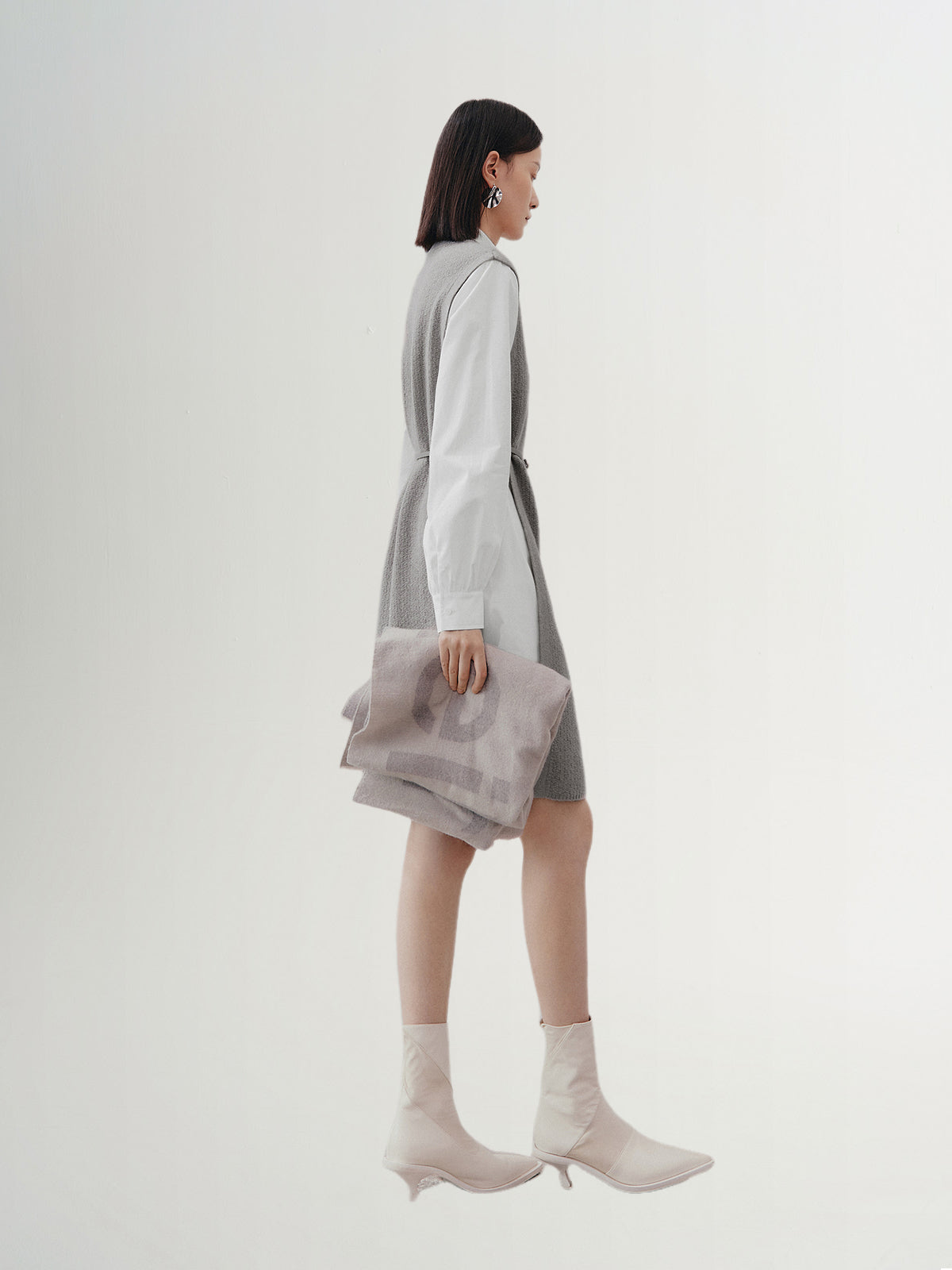 Women's Gray Whit Floral Classic Collar Long Sleeve Belted Splicing Dress