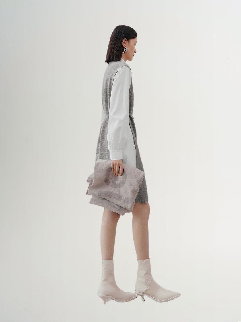Women's Gray Whit Floral Classic Collar Long Sleeve Belted Splicing Dress