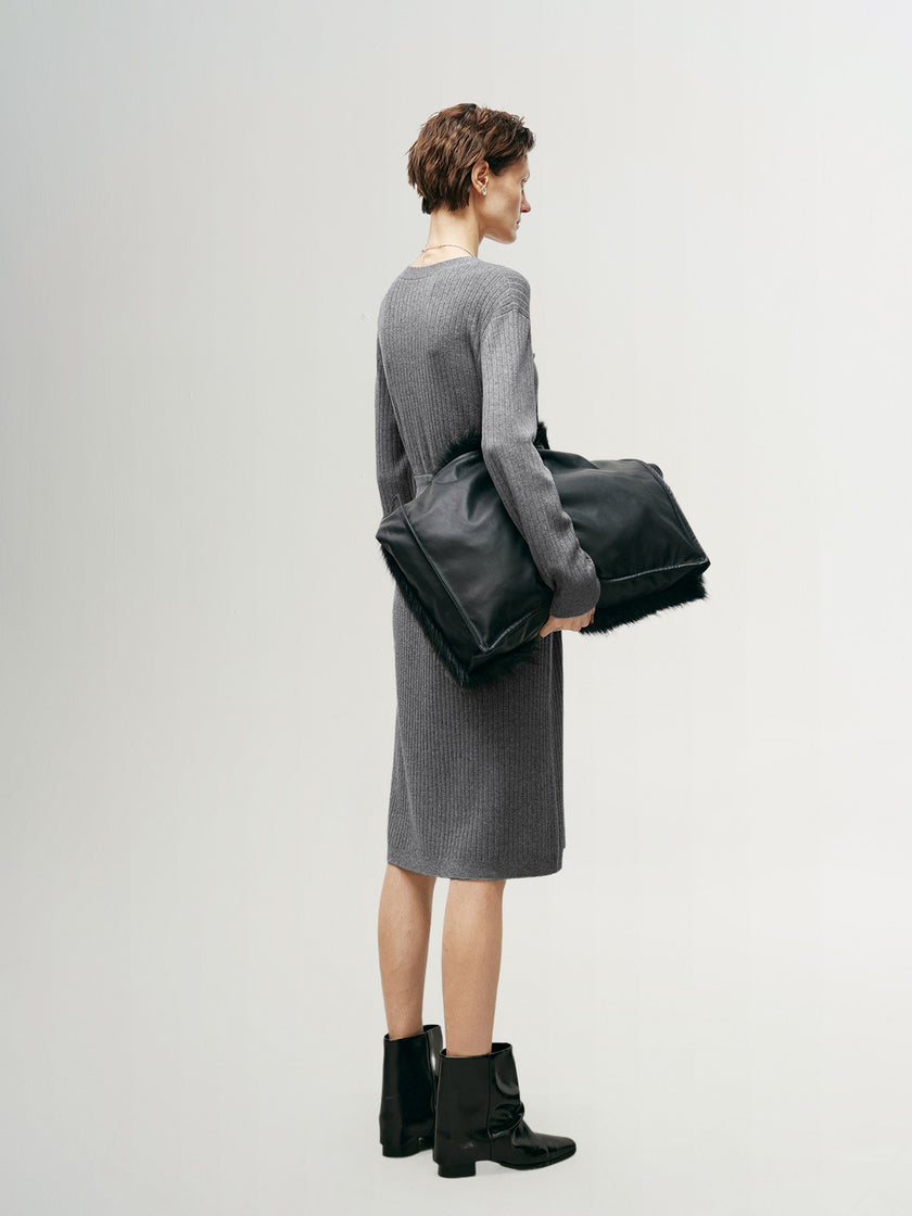 Women's Rock Gray V Neck Rib Knit Tie Belt Jersey Dress