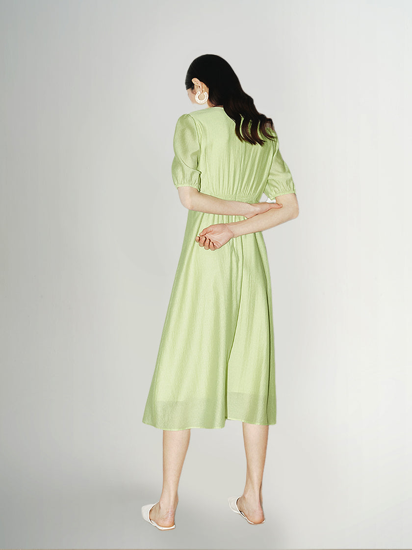 Women's Light Green V Neck Short Sleeves Shirring Smocking Design Dress