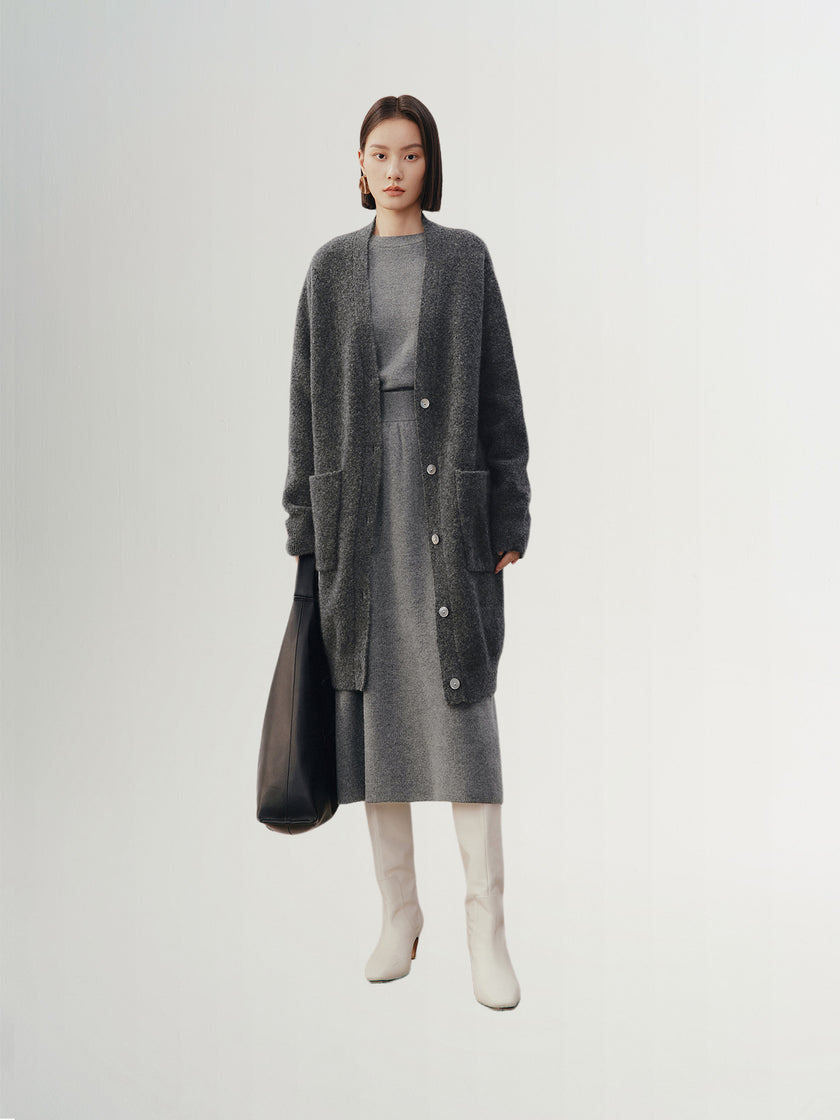 Dark gray sheepskin cardigan with puffed sleeves and V-neck