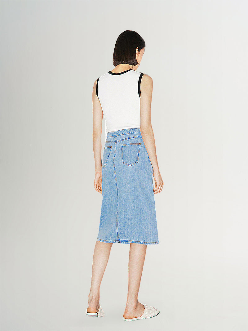 Blue denim mid-length straight skirt with shirring