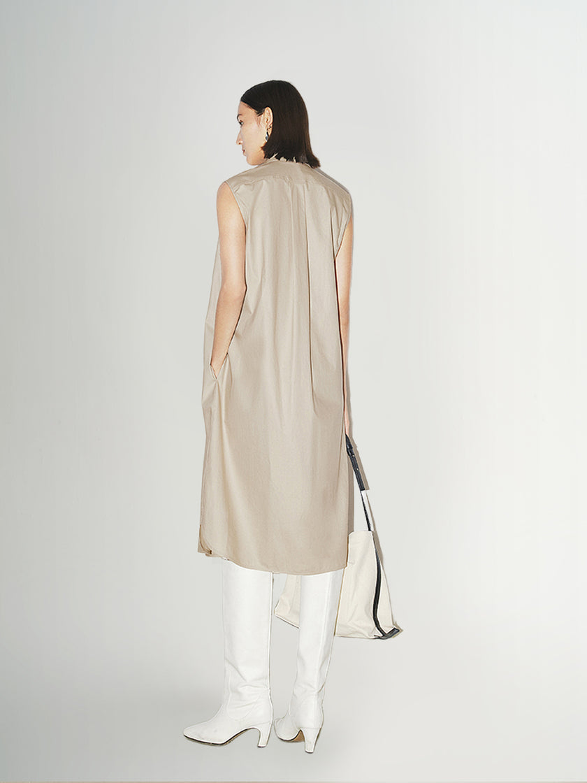 Women's Light Beige Stylish Stand Collar H Shape 100% Cotton Dress