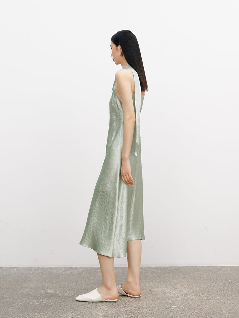 Women's Light Green V Neck Smooth 100% Acetate Slip Dress