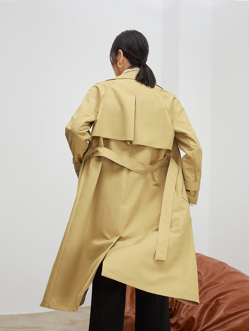Women's Khaki Double Breasted Sheep Wool Trench Coat with Belt