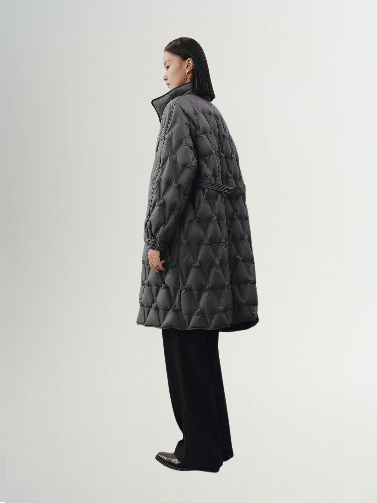 Women's Gray Warm Goose Puffer Long Hooded Jacket with Belt