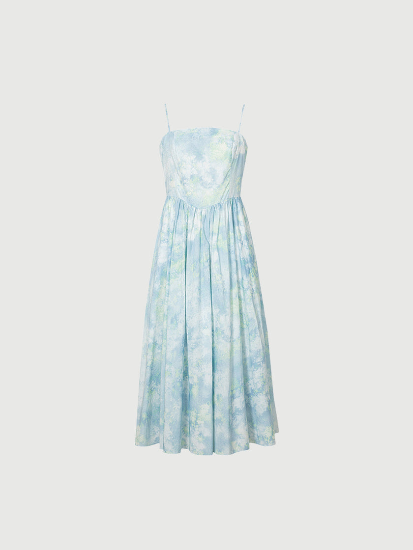 Blue slip dress with sky pattern in 100% cotton