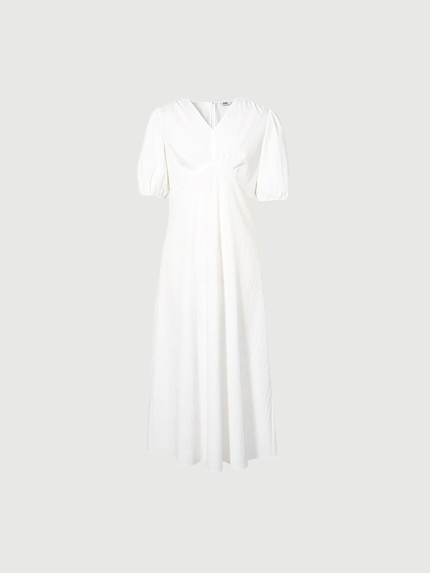 Women's White V Neck Short Sleeve High Wasit Dress