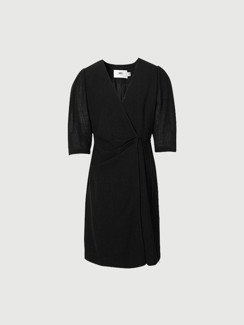 Black dress with round neck and long sleeves, high waist