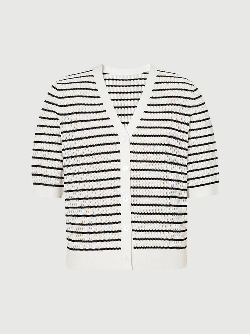 Women's White Black Stripes V Neck Short Sleeve Acetate Knitwear Top