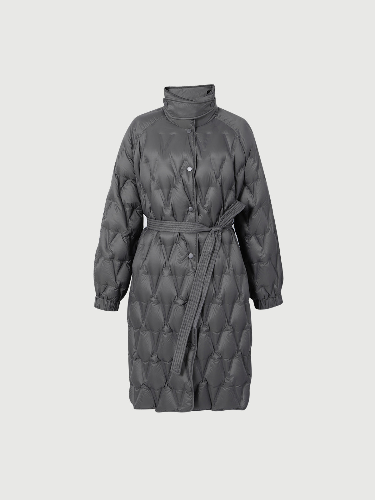 Women's Gray Warm Goose Puffer Long Hooded Jacket with Belt