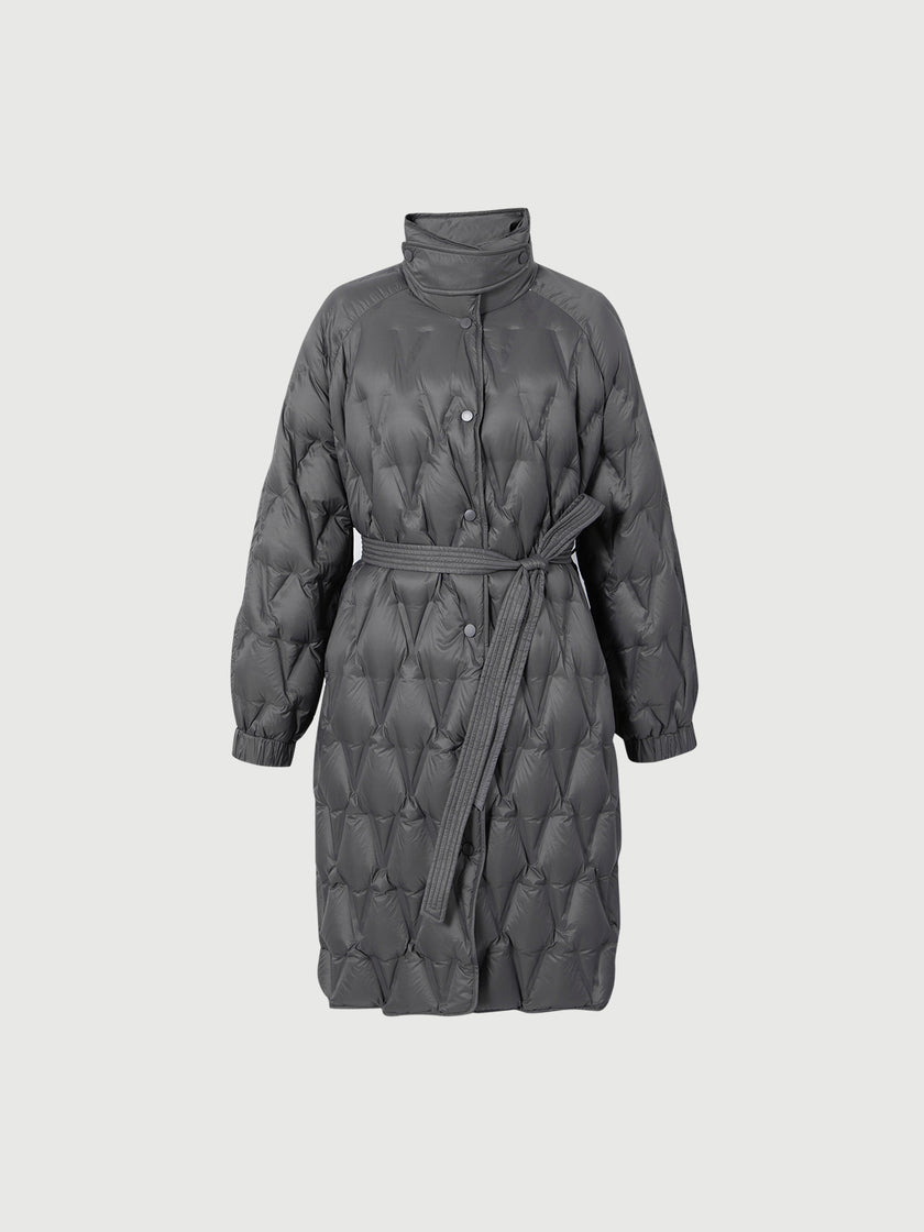 Women's Gray Warm Goose Puffer Long Hooded Jacket with Belt