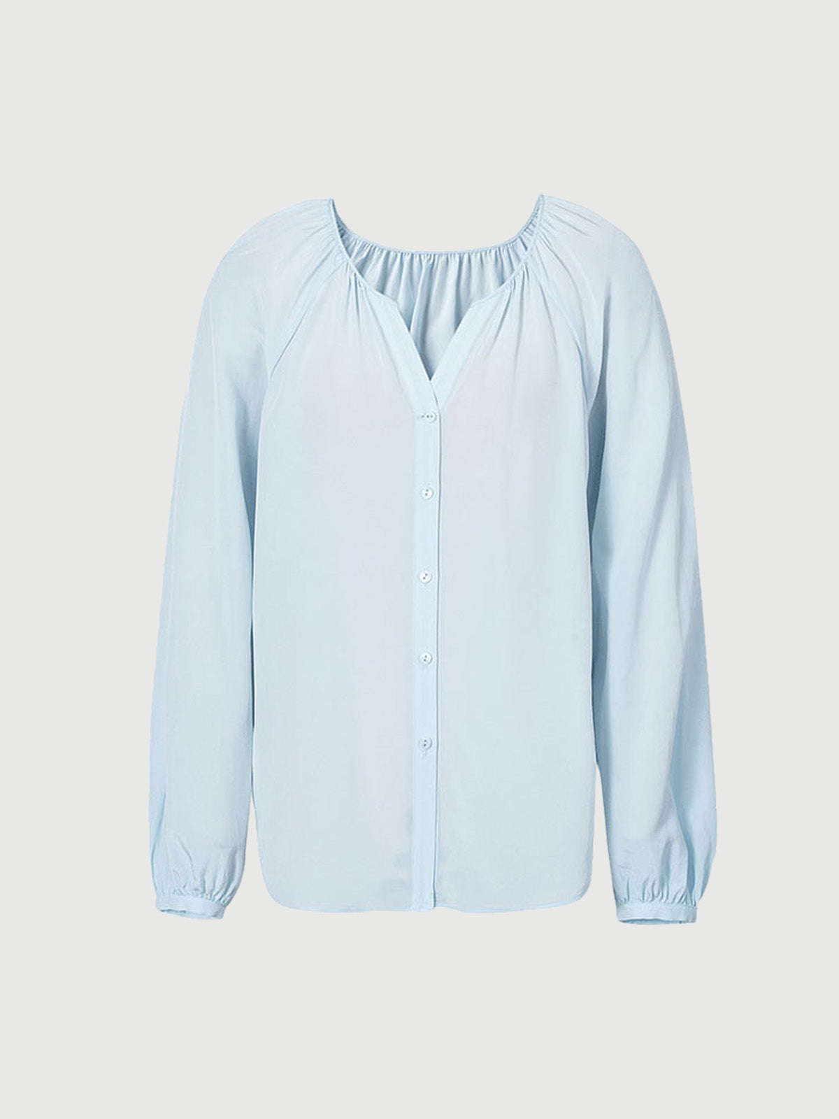 Women's Light Blue Pleat V Neck Long Sleeve Silk Shirt