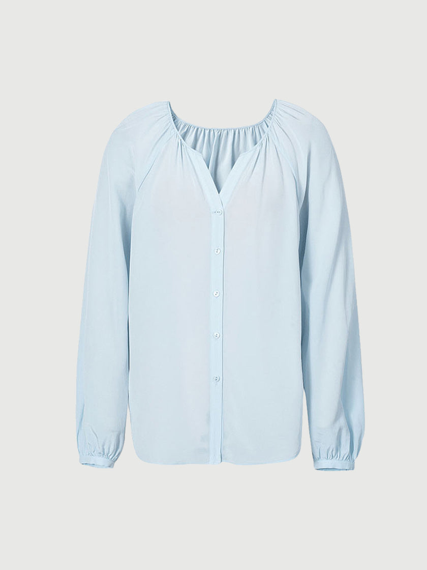 Women's Light Blue Pleat V Neck Long Sleeve Silk Shirt