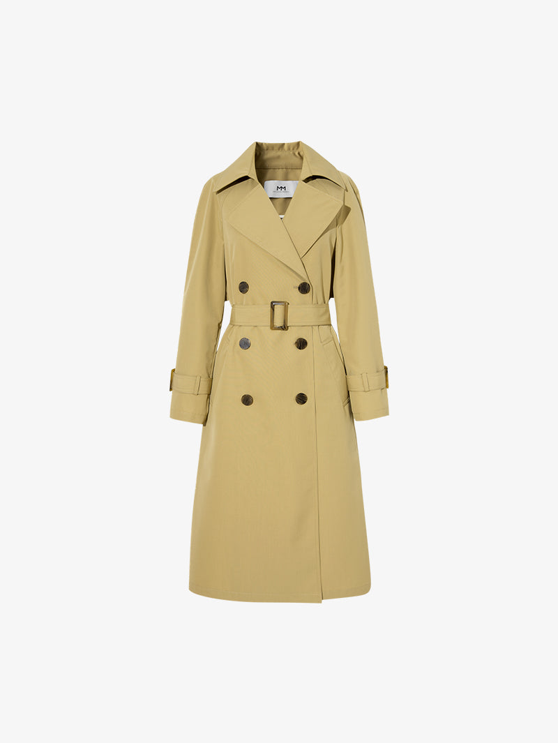 Women's Khaki Double Breasted Sheep Wool Trench Coat with Belt