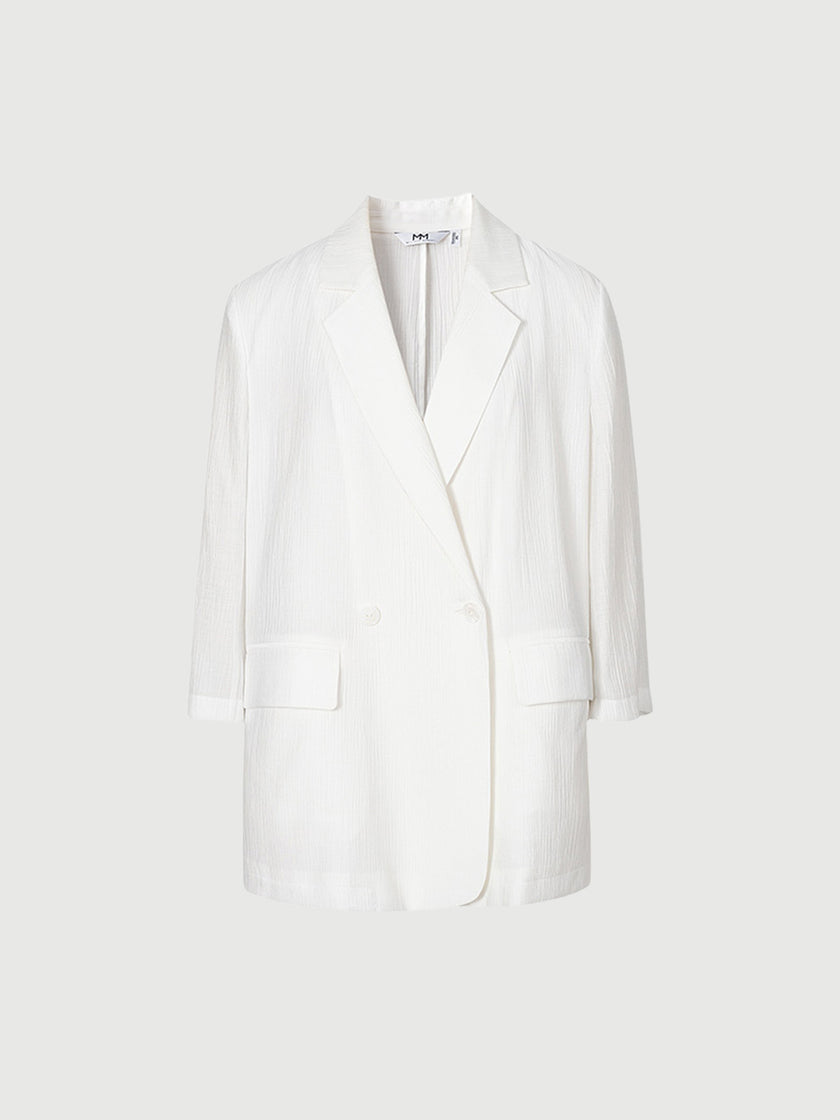 White blazer with special texture, notched lapel collar, double breasted