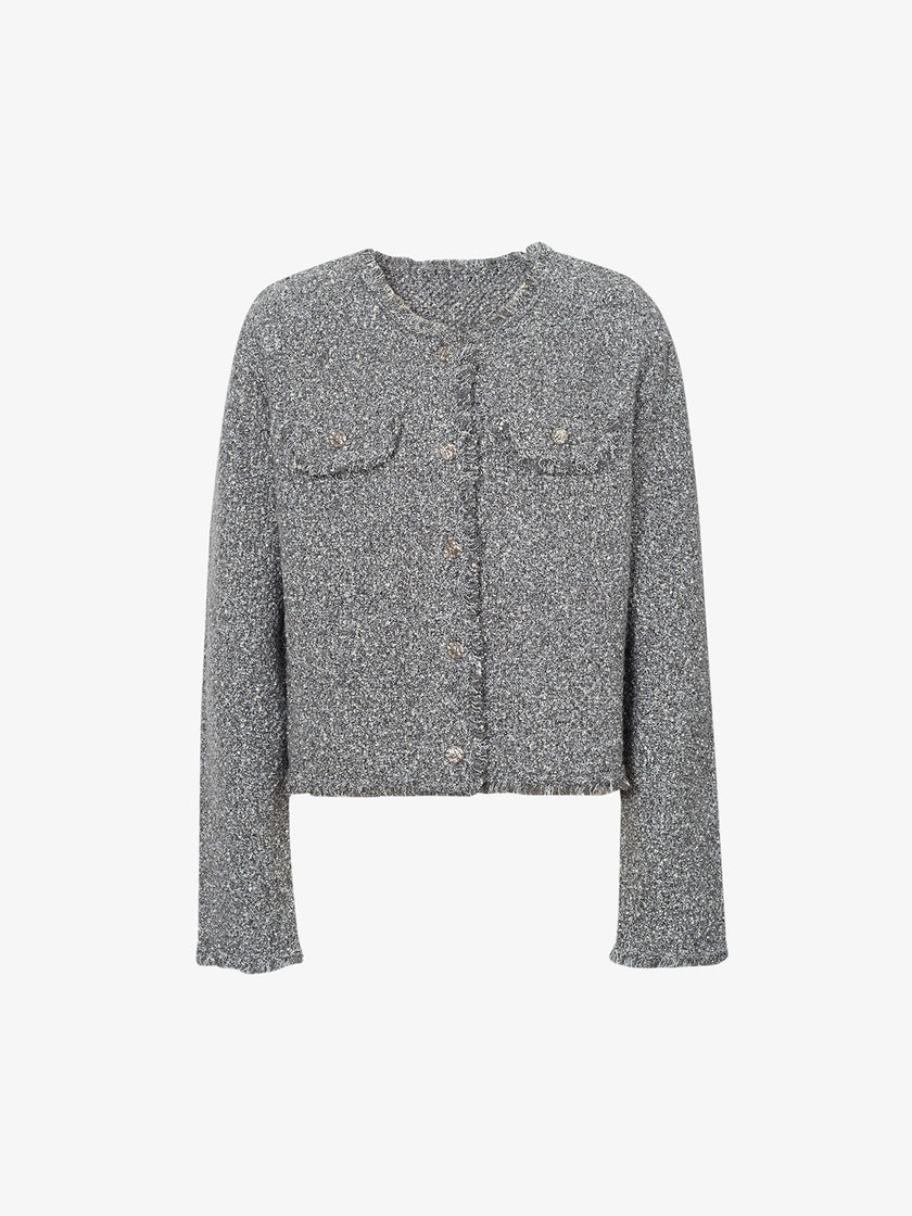 Gray Round Neck Long Sleeve Knit Cardigan