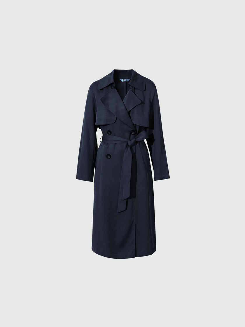 Navy blue mid-length trench coat with button fastening and belt