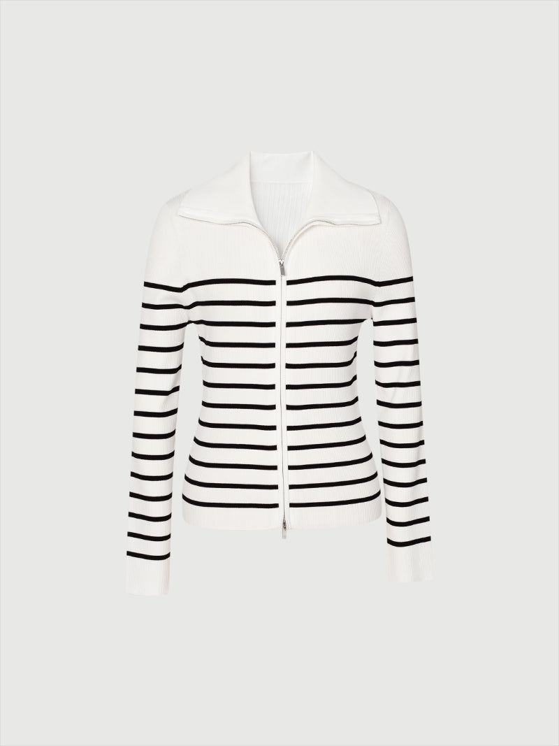 Black and white striped long sleeve zip-up knit jacket