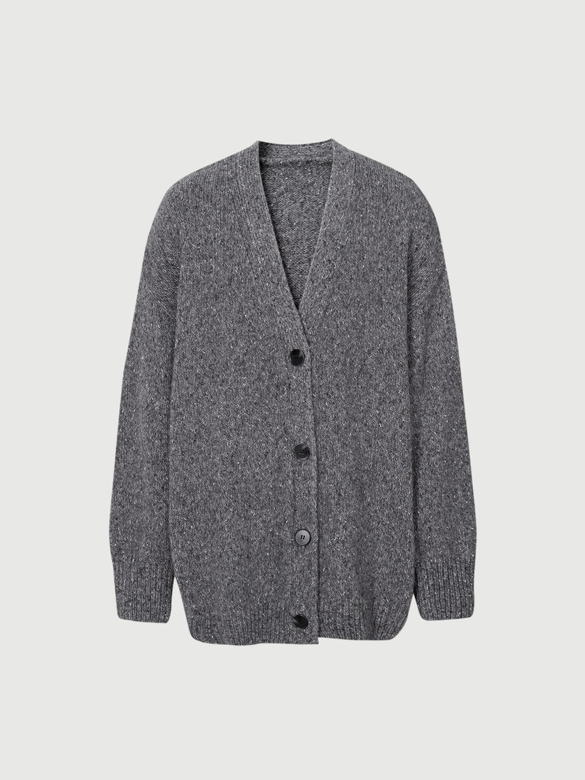 Women's Gray V Neck Button Down Sweater Cardigan