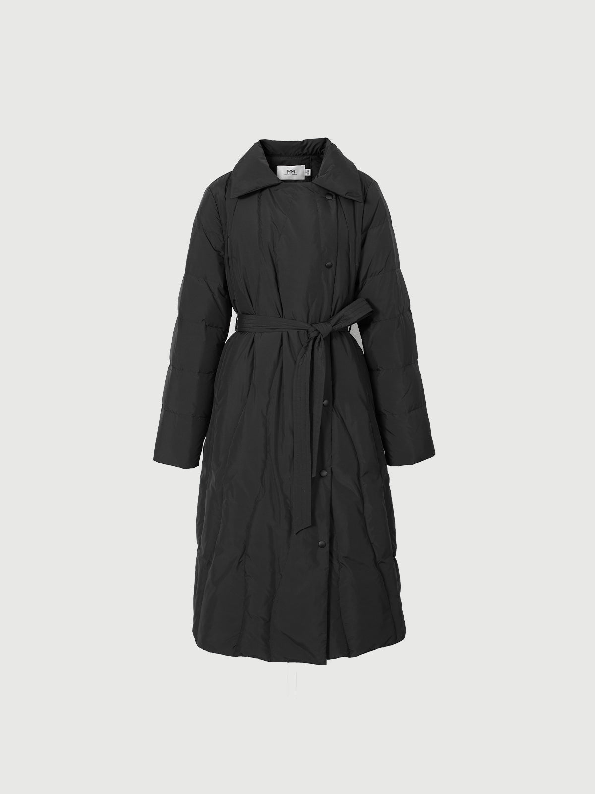 Black goose down jacket with hood and lapel collar
