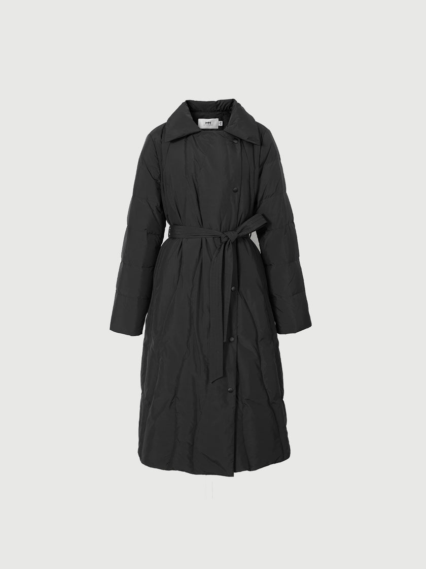 Black goose down jacket with hood and lapel collar