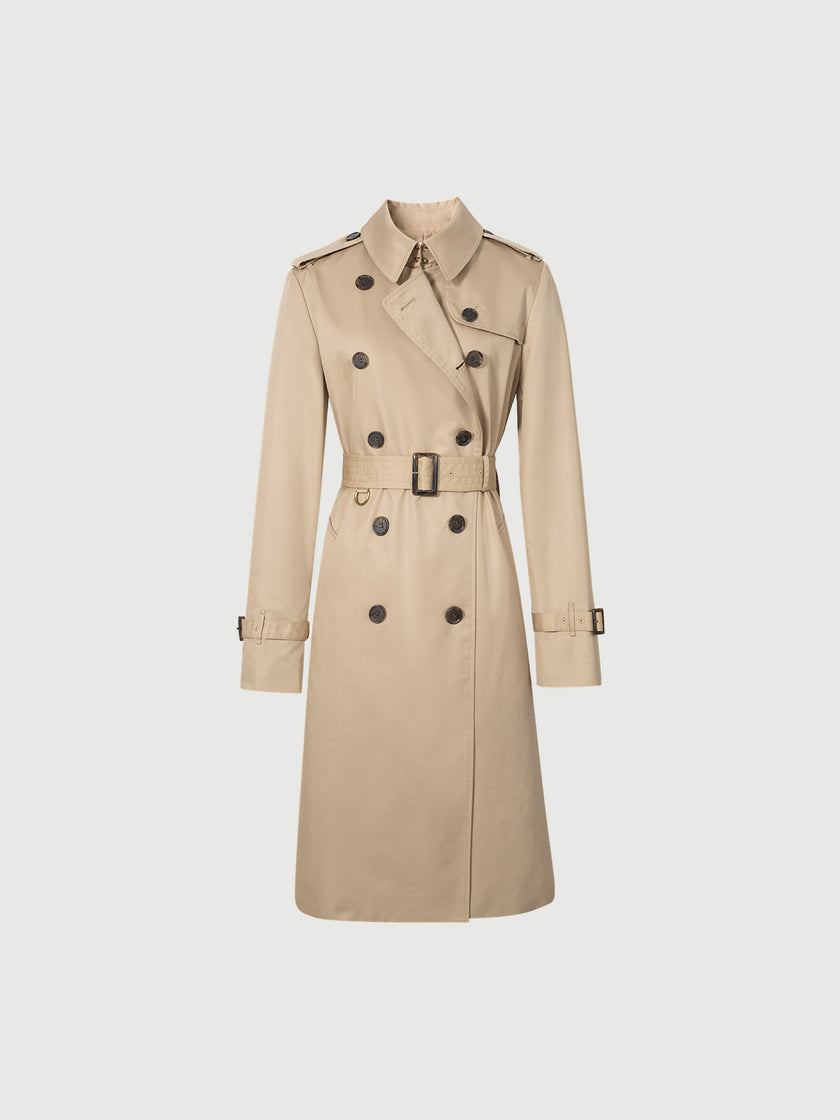 Women's Khaki Double Breasted Long Trench Coat Belt