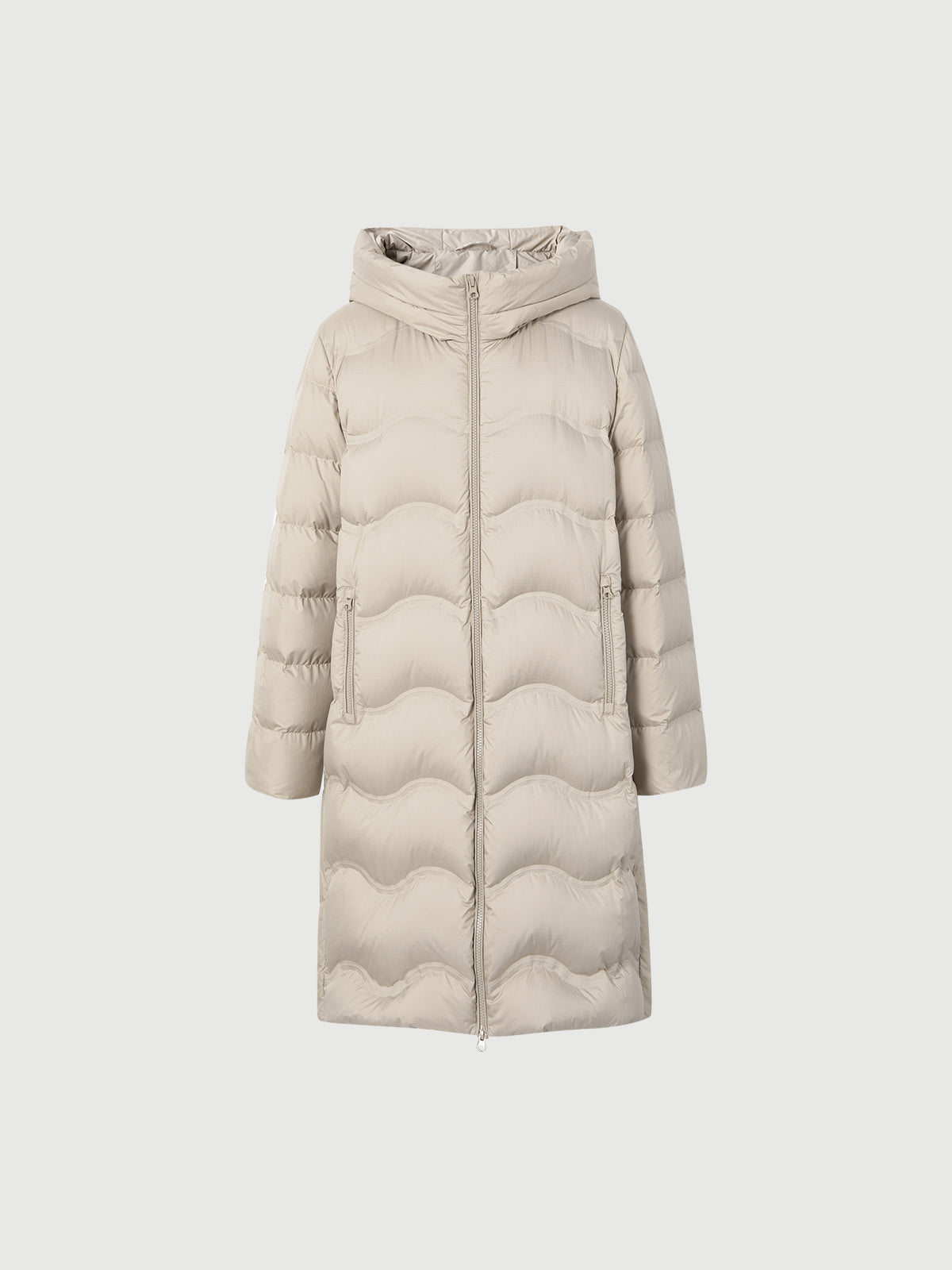 Light gray quilted goose down hooded down jacket