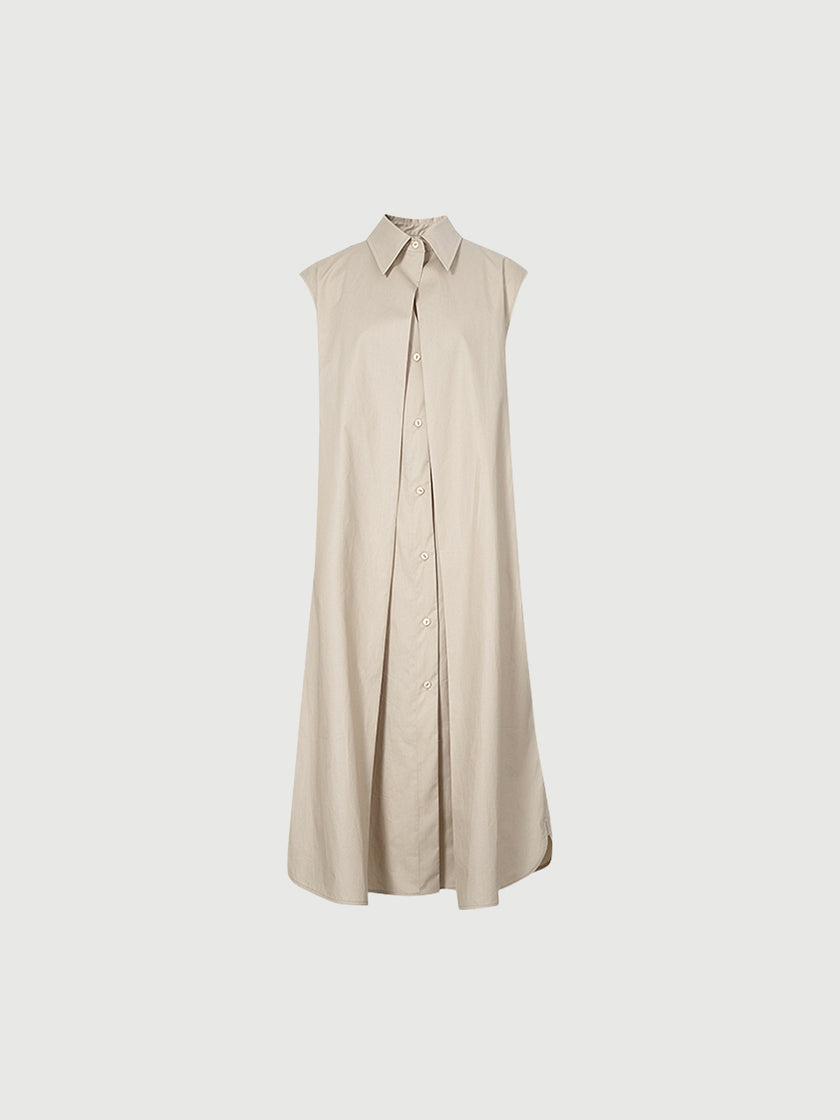 Women's Light Beige Stylish Stand Collar H Shape 100% Cotton Dress