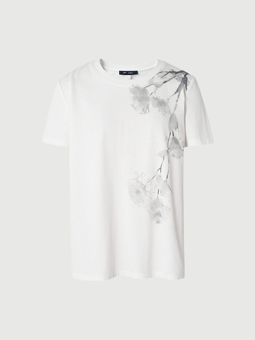 Women's Original White Round Neck Short Sleeves 100% Cotton Hand Drawn Pattern T-Shirt
