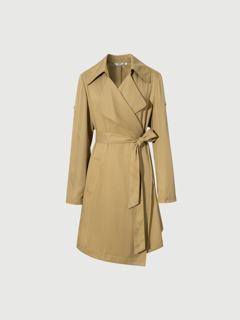 Women's Khaki Lapel Double Breasted Trench Coat with Belt