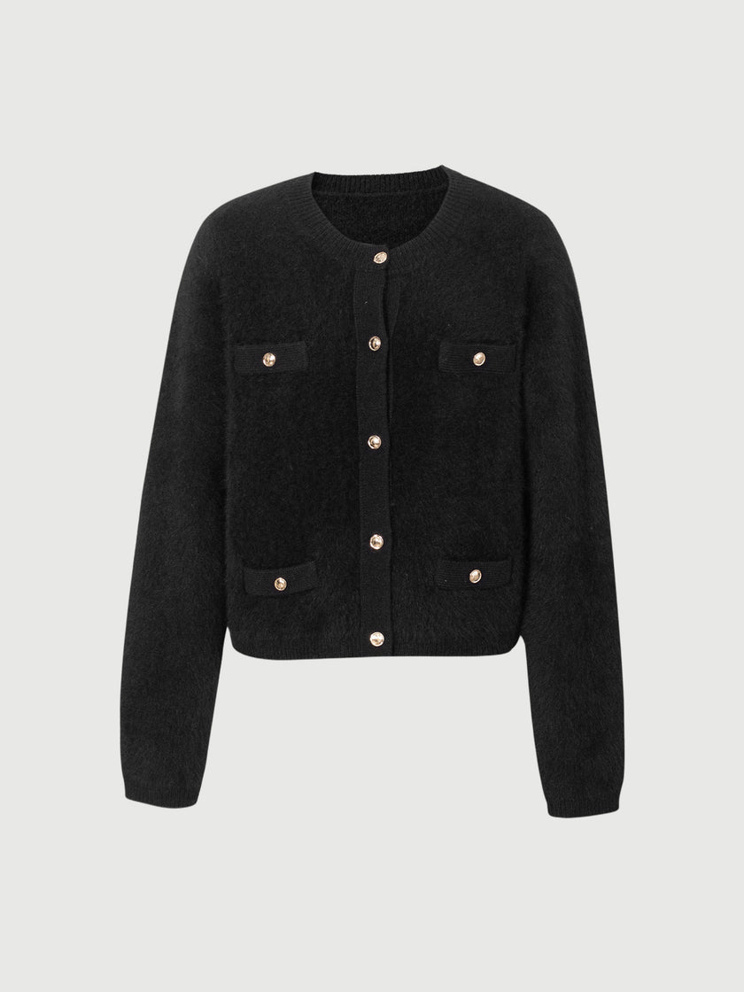 Black wool knit cardigan with round neck and buttons