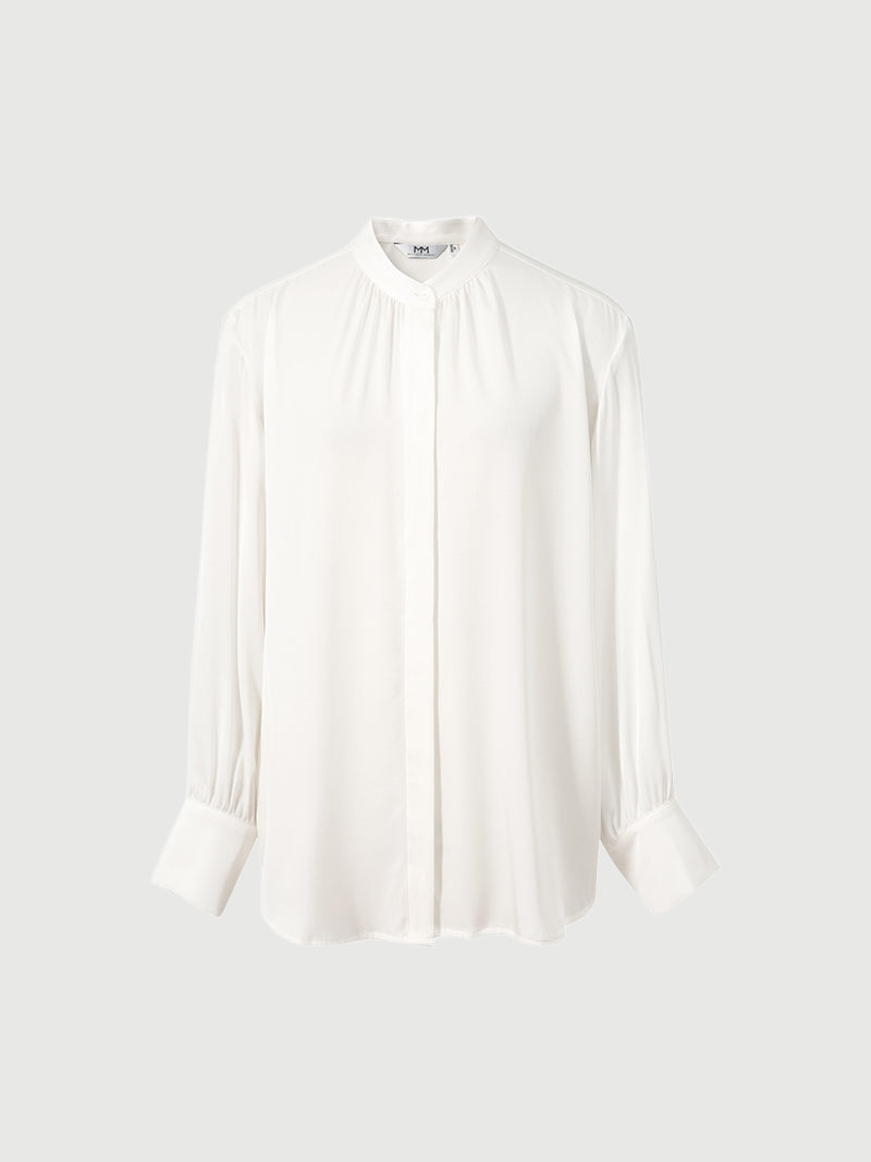 Women's White Silk Blouse with Round Neck and Long Sleeves