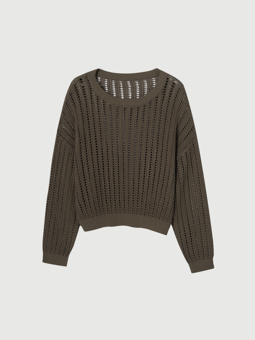 Women's brown ribbed knitted crew neck sweater,