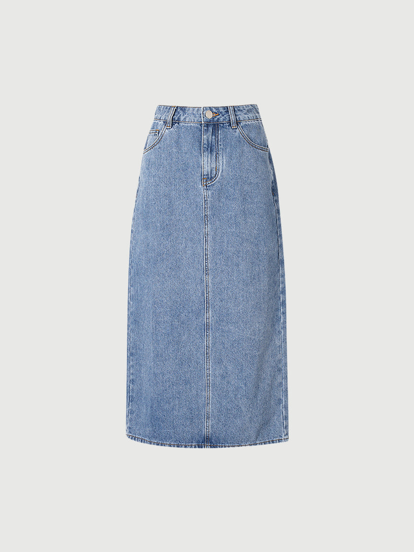 Blue denim straight skirt with slit
